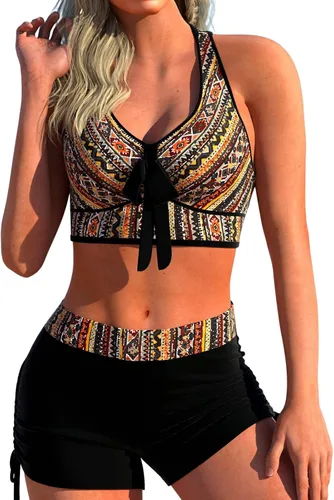 HaiiMeid Conjunto de bikini de cintura alta para mujeres y niños, pantalones cortos brasileños a rayas, traje de baño vintage