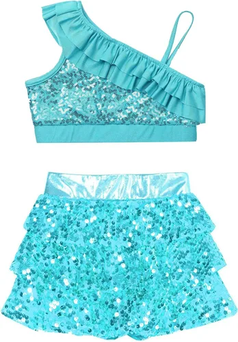 Miniatura 80 de JEATHA Top corto con borlas y lentejuelas brillantes para niñas, con minifalda, jazz latino, salsa, samba, rumba, baile