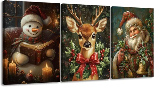 Miniatura 18 de Pennimor Lienzo decorativo para pared de Navidad, juego de 3 marcos de 12 x 16 pulgadas, decoración navideña a cuadros rojos y negros, póster
