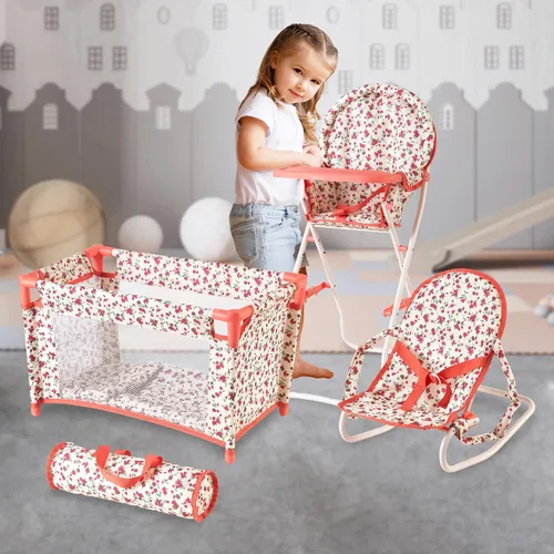 Miniatura 7 de Conjunto de accesorios para muñeca bebé floral, cuna para muñeca de 3-1, silla alta y asiento rebotador para muñeca. Accesorios para muñeca de 18