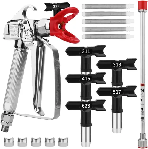 Pistola de pulverización de pintura sin aire de 3600 PSI con protector de boquilla y con 5 puntas de boquilla de pulverización y 5 filtros de