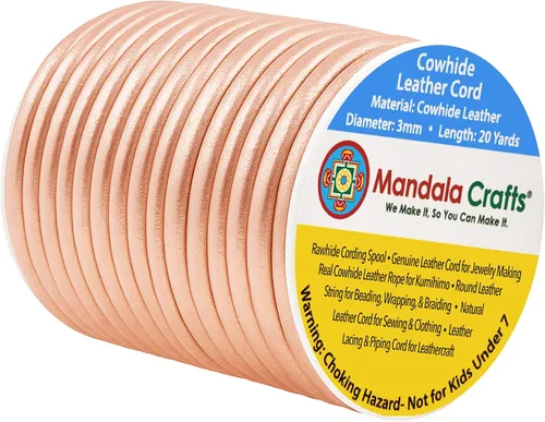 Miniatura 45 de Mandala Crafts Cordón Redondo de Cuero de Piel de Vaca Genuino Beige para Fabricación de Joyas Kumihimo Carrete de Cuerda de Cuero - Cordón