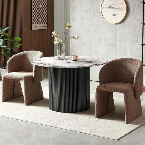 Miniatura 2 de Homedot Juego de mesa de comedor de 3 piezas para 2, mesa de cocina redonda de 47" y sillas de comedor tipo barril tapizadas en marrón, juego