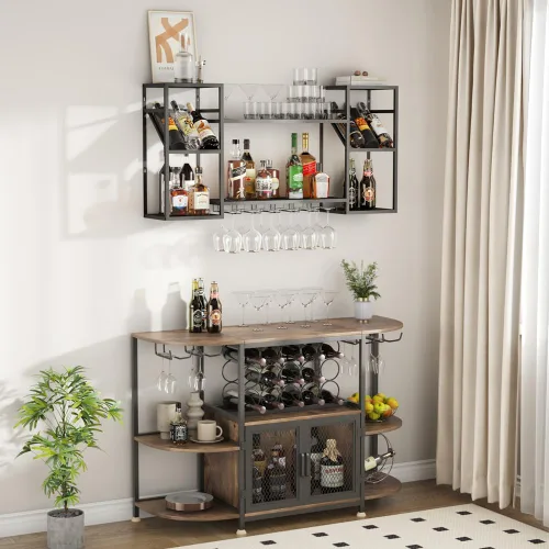 Miniatura 6 de KaKaBB Estante de vino montado en la pared, estantes de metal de 47 pulgadas de 2 niveles con soporte para vidrio, capacidad para 30 botellas y de 6