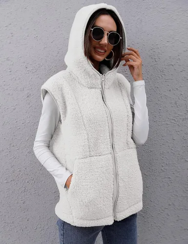 Miniatura 2 de TFSDOD Chaleco de forro polar sherpa mullido para mujer, acogedor, sin mangas, con bolsillo, chaleco con capucha para mujer, ropa exterior