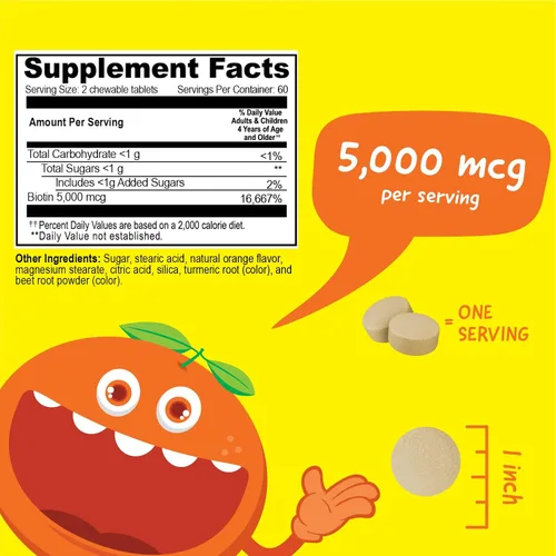 Miniatura 2 de VitaWorks Kids Biotin - Tabletas masticables de 5000 mcg Sabroso suplemento de biotina Vegano, sin OGM Crecimiento del cabello, piel y salud