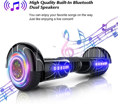 Miniatura 7 de Hoverboard con patrón de araña para niños de 6 a 12 años, con altavoz Bluetooth y luces LED, tabla deslizante de 6.5 pulgadas, certificado de Negro