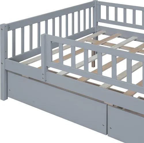 Miniatura 8 de Harper & Bright Designs Base de cama para niños de tamaño matrimonial con 2 cajones, sofá cama matrimonial de madera con valla, marco de cama