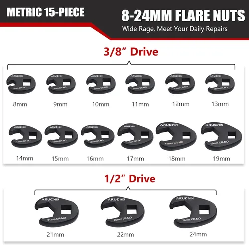 Miniatura 2 de Juego de Llaves de Tuerca Abocinada Pata de Gallo de 3/8" y 1/2", 15 Piezas 8-24mm Métrico Juego de Llaves Pata de Gallo de Acero Cromo Molibdeno