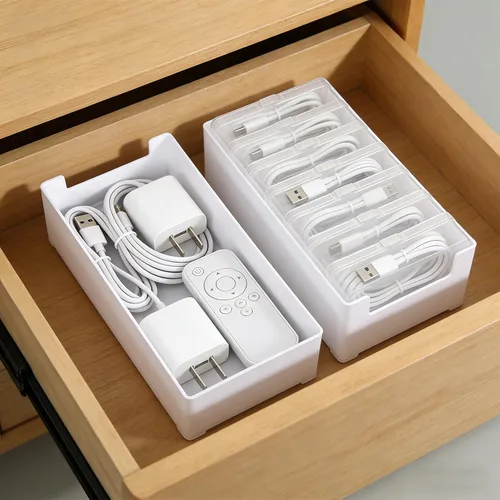 Miniatura 6 de Juego de 4 cajas organizadoras de cables con 28 fundas transparentes para interruptores, organizador de cables de escritorio, caja organizadora