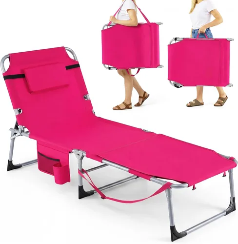 Miniatura 15 de Giantex Silla bronceadora, silla de playa de 330 libras con 5 posiciones ajustables, agujero para cara y brazo, correa para manos/hombros, almohada