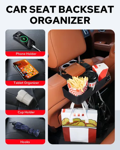 Miniatura 4 de Benlari Organizador de asiento trasero para reposacabezas de automóvil con portavasos de 3.7 pulgadas, organizador de respaldo de asiento 3 en 1