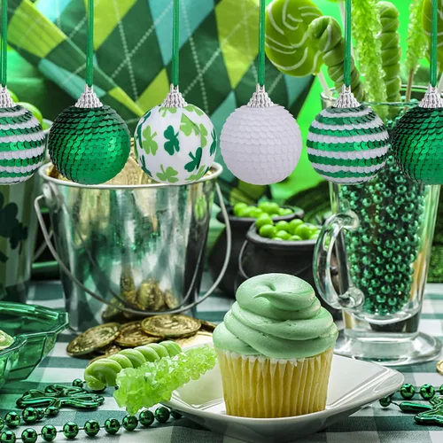 Miniatura 6 de Bolas colgantes de lentejuelas para el día de San Patricio, adorno de bola de trébol irlandés con purpurina de 1.96 pulgadas, bola colgante