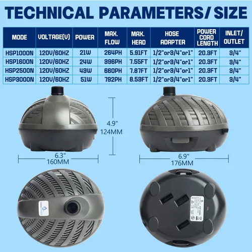 Miniatura 2 de WaterRebirth HSP1600N Bomba sumergible versátil con chorros de fuente - para acuarios, estanques, fuentes, peceras para tortugas - 396GPH