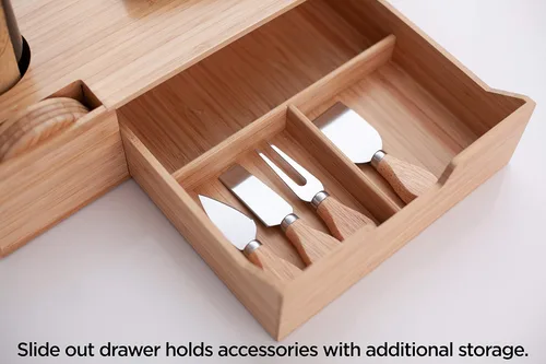 Miniatura 4 de Mobilevision Bandeja de bambú para servir vino y queso con cajón para almacenamiento adicional, incluye posavasos, cuchillos de queso, tablas