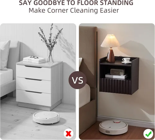 Miniatura 5 de BuildHom Moderna mesita de noche flotante acanalada montada en la pared, juego de 2 mesitas de noche con cajón de almacenamiento y estante