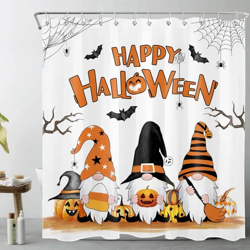 Miniatura 3 de HVEST Cortina de ducha de Halloween, linterna de calabaza y gnomo, cortina de ducha de baño, cortina de ducha de murciélago y araña, decorativa