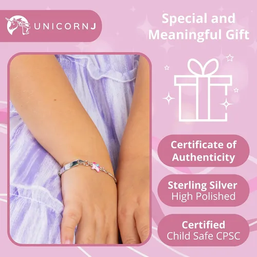 Miniatura 4 de UNICORNJ 925 Italy Sterling Silver Child or Baby Name Bracelet Girls Boys, Personalized Engraved Kids ID Bracelets, 6.5" Figaro Chain, Enamel Charm