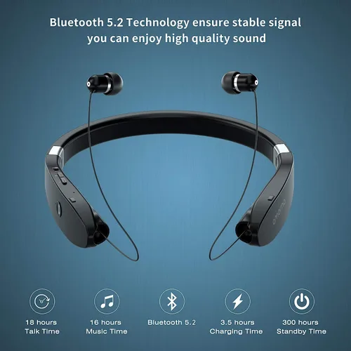 Miniatura 3 de Amorno Auriculares plegables Bluetooth con banda para el cuello inalámbrica con auriculares retráctiles, auriculares deportivos a prueba de sudor