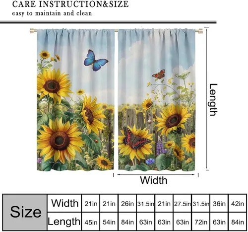 Miniatura 3 de Sunflower Curtains for Living Room Bedroom, Spring Nature Blue Sky and Butterfly Window Drapes, Rustic Wooden Fence Floral Botanical Decor, 2 Panels