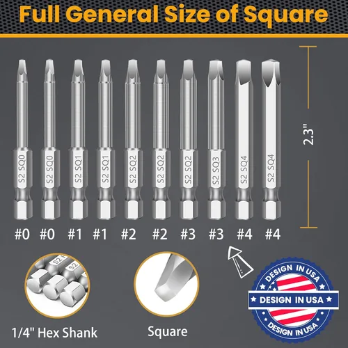 Miniatura 6 de MulWark Robertson - Juego de brocas cuadradas Allen para taladro de 10 piezas, juego de puntas de destornillador, 2.3" de largo, diámetro de 1/4