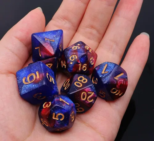 Miniatura 5 de Juego de dados DND de brillo azul y rojo para juegos de rol de Calabozos y Dragones, Warhammer, D&D, juegos de mesa, dados poliédricos Rojo mezclado