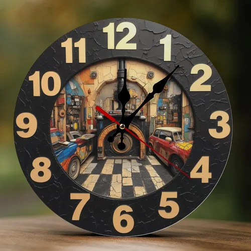 Decorative Wall Clocks Battery Operated - 10 Inch Modern Wooden Retro Colorful Garage 2D Print Non Ticking Silent Wall Clocks for Living Room
