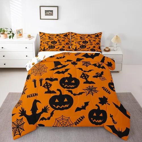 Miniatura 14 de Erosebridal Ropa de cama de Halloween para niños y niñas, juego de edredón espeluznante de dibujos animados, tamaño individual, relleno de edredón