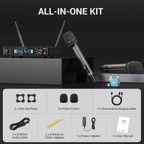 Miniatura 9 de TONOR Sistema de Micrófono Inalámbrico, Escaneo Automático y Emparejamiento UHF Micrófono de Karaoke Recargable, 2x100 Micrófono Inalámbrico