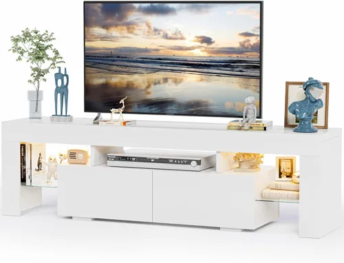 Miniatura 9 de JUMMICO Soporte de TV, centro de entretenimiento LED, soporte de TV para juegos para TV de más de 65 pulgadas, parte superior de fibra de carbono