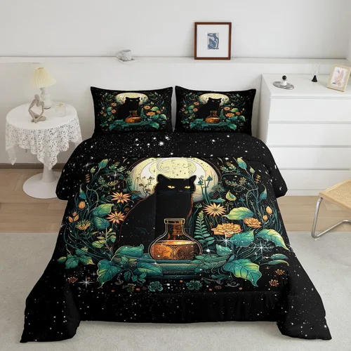 Miniatura 6 de Castle Fairy Juego de edredón con diseño de gato lindo para niños, tamaño twin, juego de ropa de cama con hojas de flores, luna, noche y cielo
