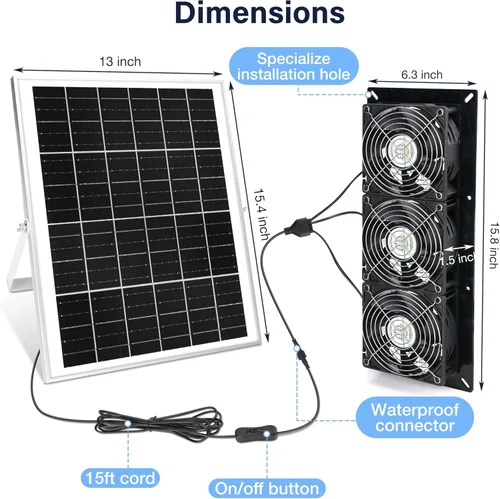 Miniatura 3 de Fanspex Kit de 3 ventiladores solares, ventiladores solares impermeables para gallinero al aire libre, invernadero y cobertizo, entrada o aire