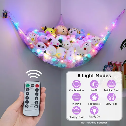 Miniatura 2 de Unicorn Castle Hamaca de red para animales de peluche, almacenamiento de juguetes para niños con luz LED, organizador de juguetes de felpa