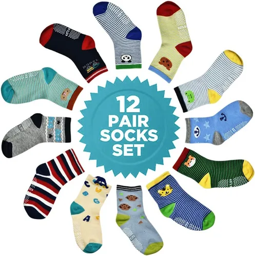 Miniatura 7 de Calcetines SkiBeaut para niño, 12 pares de calcetines antideslizantes para niño, calcetines de algodón con adherencia para niños de 1-3 3-5 5-7