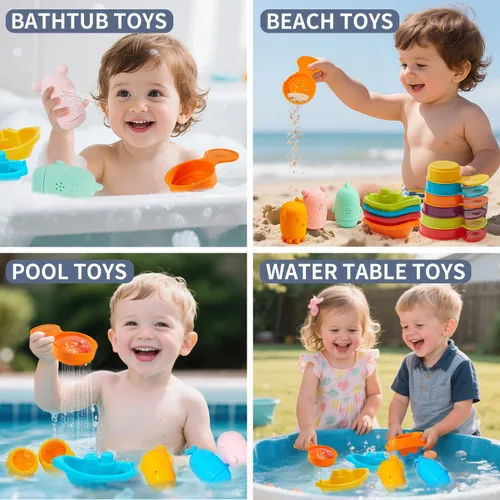 Miniatura 7 de Juguetes de baño para bebés y niños pequeños, 15 piezas, juguetes de agua para bañera sin molde con barcos flotantes de color arcoíris, cucharas