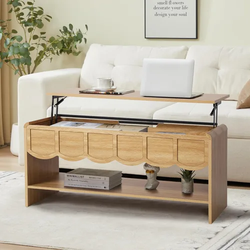 Miniatura 11 de Mesa de centro elevable con compartimento oculto, mesa central de madera de 2 niveles con panel ondulado, moderna mesa elevadora para el hogar, sala