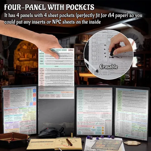 Miniatura 4 de CZYY DND Pantalla de Dungeon Master de Cuatro Paneles con Bolsillos, Cuero Sintético con Relieve 3D con Cthulhu - Incluye Insertos de Pantalla DM