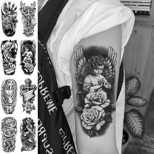 Miniatura 10 de 8 hojas de tatuajes temporales de león, lobo, tigre, para hombres y adultos, brújula de vida silvestre realista, calcomanías falsas de tatuaje