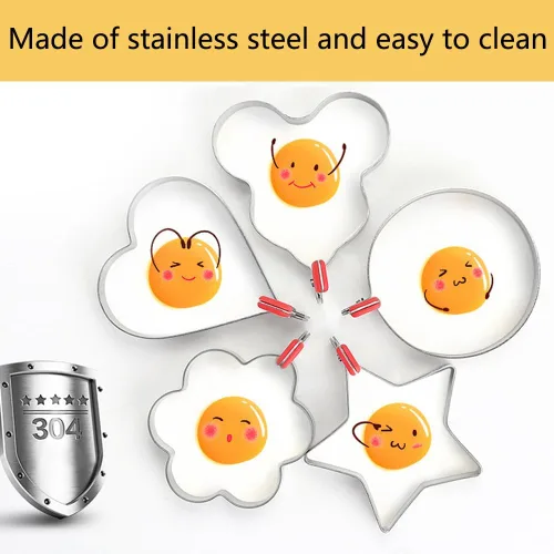 Miniatura 4 de Moldes para anillos de huevo para cocinar, 5 unidades, anillos de acero inoxidable, anillos de cocción de huevos para hornear, corazón, flor