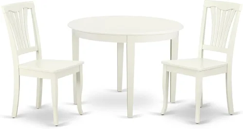 East West Furniture BOAV3-LWH-W - Juego de mesa y sillas de cocina de 3 piezas contiene una mesa redonda de comedor y 2 sillas de asiento de madera