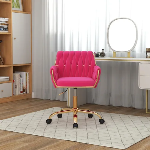 Miniatura 9 de Silla de terciopelo para oficina en casa, moderna silla de tocador de altura ajustable con base dorada y respaldo tejido a mano para dormitorio