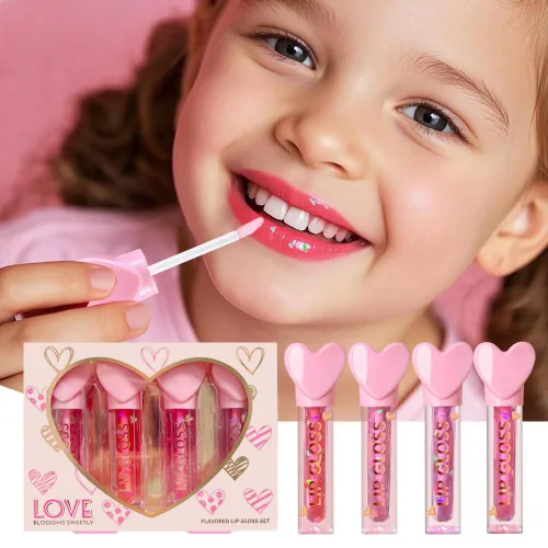 Miniatura 5 de 4 unidades de barra de brillo labial con dije de corazón para niñas, juego de labios frutales brillantes Recuerdos de fiesta no tóxicos, regalo