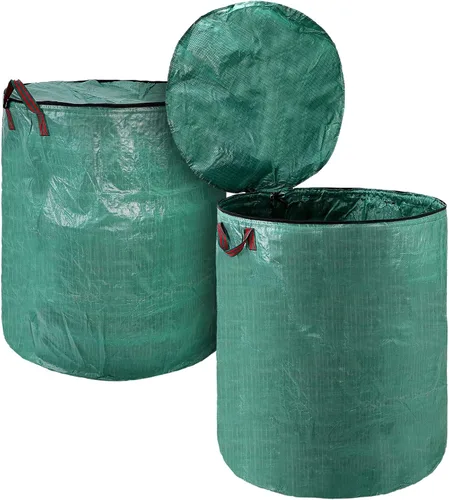 Kingdder Paquete de 2 bolsas de basura reutilizables de 132 galones con tapa y asa plegables extra grandes para bolsas de césped, contenedores de