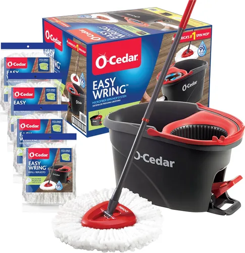 Miniatura 22 de O-Cedar EasyWring - Sistema de limpieza de suelos con balde y fregona giratoria de microfibra + 2 recambios adicionales, rojo/gris