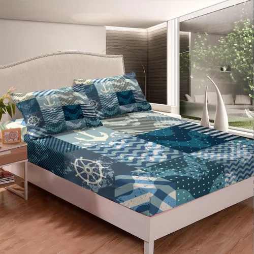 Miniatura 2 de Juego de sábanas ajustables náuticas azules con olas del océano, sábanas de anclaje de barco, estilo retro, decoración de volante