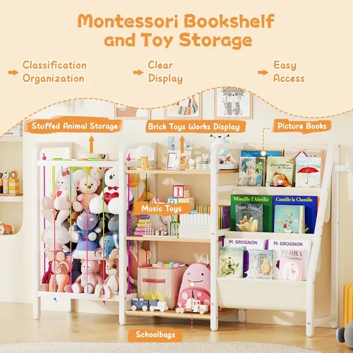 Miniatura 7 de B1 - Estantería infantil y almacenamiento de juguetes, estante de libros de 3 niveles para habitaciones de niños, estantería para bebés con Madera