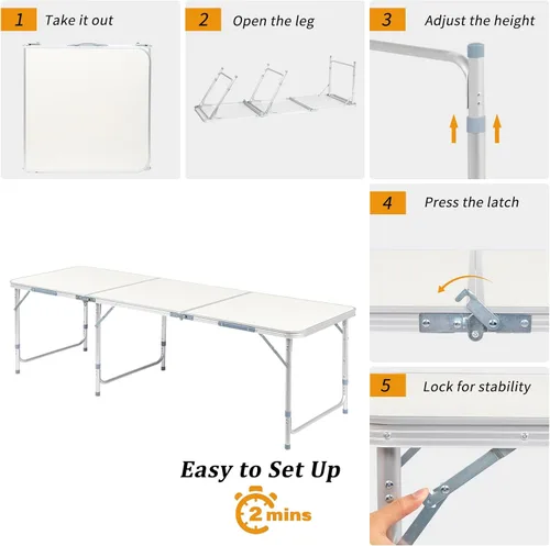 Miniatura 4 de Outvita Mesa de camping plegable portátil de 6 pies, mesa de altura ajustable impermeable para exteriores, mesa plegable de maleta ligera de Plateado
