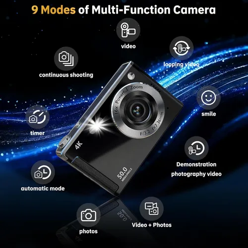 Miniatura 8 de Cámara digital 4K para enfoque automático de fotografía, zoom de 16X, cámara digital compacta portátil de 50 MP para apuntar y disparar, cámaras