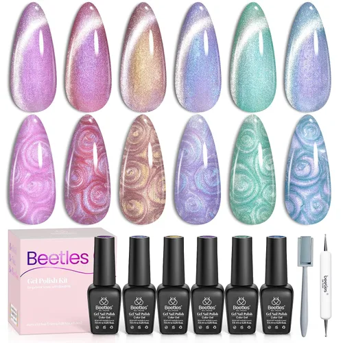 Miniatura 18 de Beetles - Juego de esmaltes de gel azul, esmalte de uñas de gel plateado azul marino oscuro con purpurina, 6 colores, lámpara UV para remojar uñas