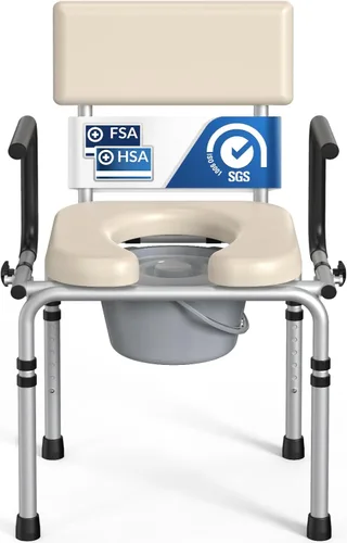 Asiento sanitario junto a la cama con brazo desplegable, inodoro con asiento acolchado y respaldo, capacidad de 400 libras, cubo removible de 6.3QT
